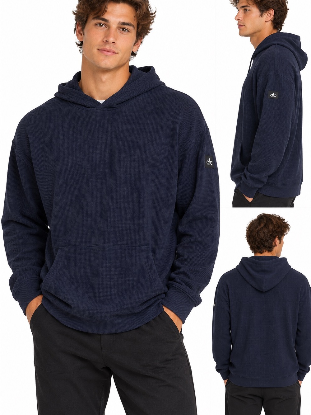 Alo Yoga Men’s Waffle Lounge Hoodie Navy Blue